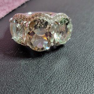 JTV- PRASIOLITE WITH WHITE ZIRCON SILVER 3-STONE RING